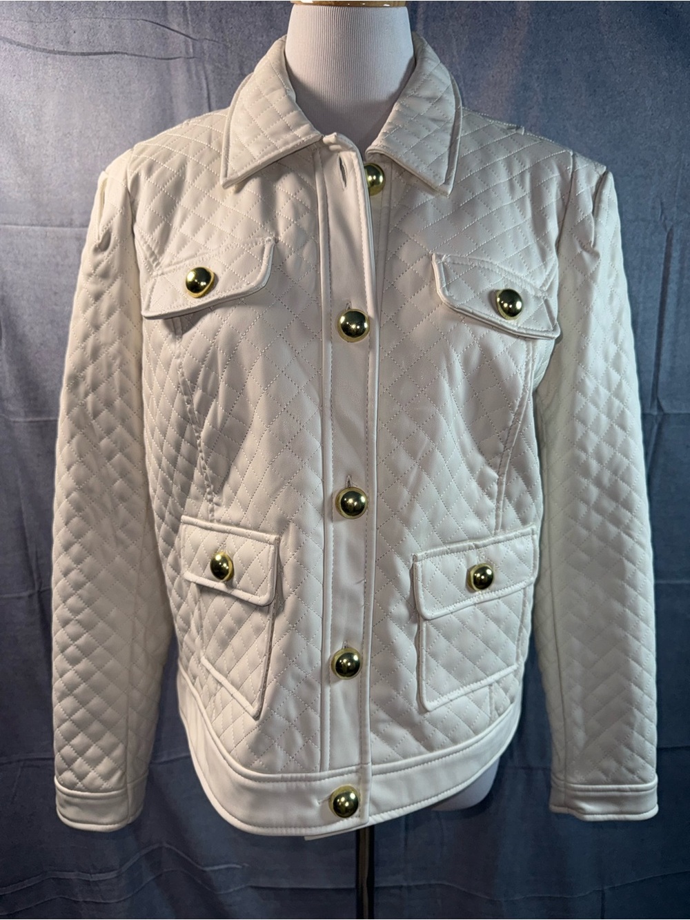 8A-G by Giuliana Cream Quilted Leather Jacket with Gold Buttons